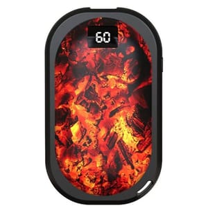 A hand warmer power bank with a digital display showing \“60,\“ featuring a design resembling glowing embers. The device is oval-shaped and has a black border.