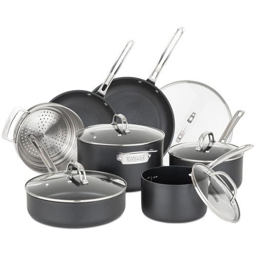 A set of nonstick cookware including various pots, pans, and lids, featuring metal handles and a steamer insert.