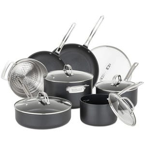 A set of nonstick cookware including various pots, pans, and lids, featuring metal handles and a steamer insert.