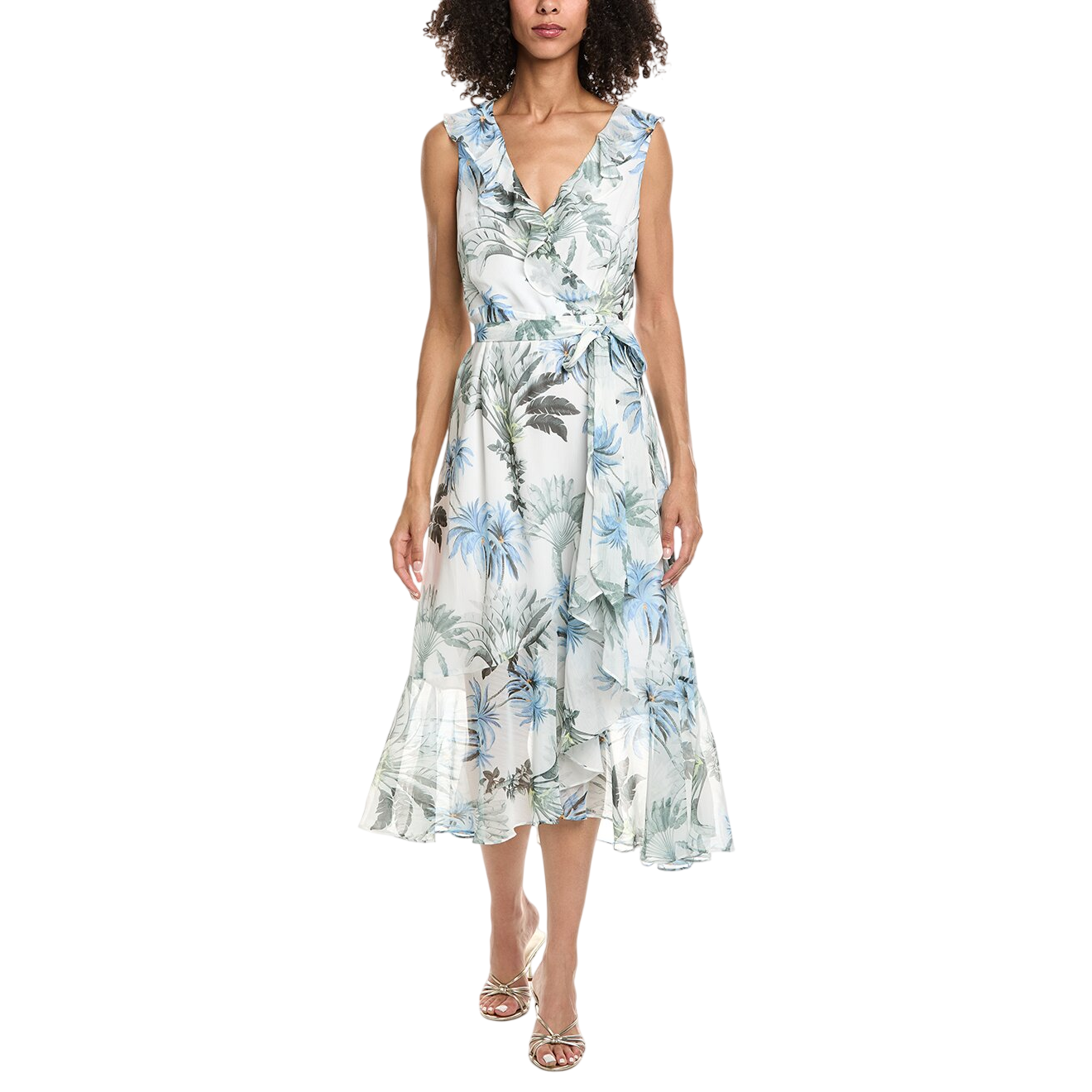 Sleeveless wrap dress with a blue and green tropical floral pattern, featuring ruffled trim and a tie waist, paired with strappy sandals.