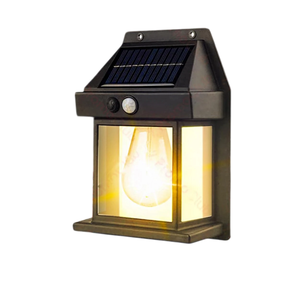 A wall-mounted solar-powered lantern with a motion sensor, featuring a classic design and warm light, is installed outdoors.