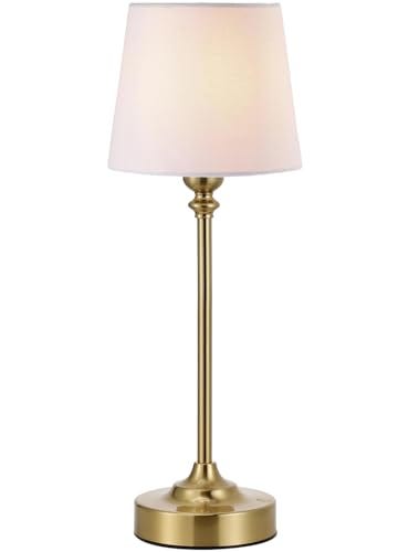 A brass table lamp with a slim, tall base and a white, tapered fabric shade.