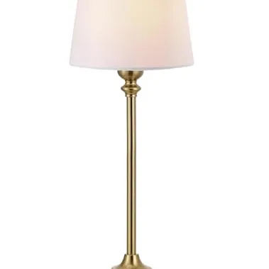 A brass table lamp with a slim, tall base and a white, tapered fabric shade.
