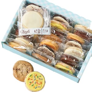 An assortment of individually wrapped cookies, including frosted cutouts with sprinkles and chocolate chip cookies, displayed in a checkered blue box.