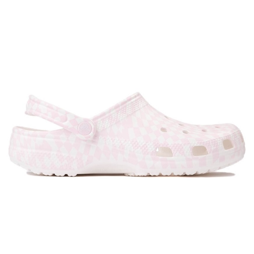 A pink and white checkered clog-style shoe with ventilation holes and an adjustable back strap.