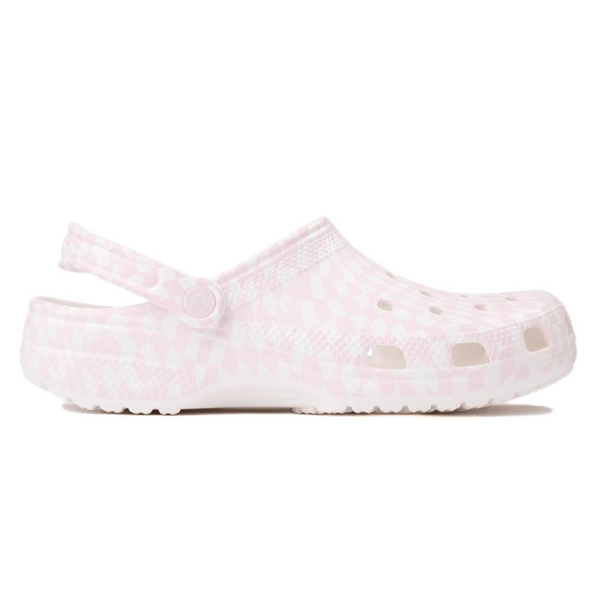 A pink and white checkered clog-style shoe with ventilation holes and an adjustable back strap.