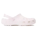 A pink and white checkered clog-style shoe with ventilation holes and an adjustable back strap.