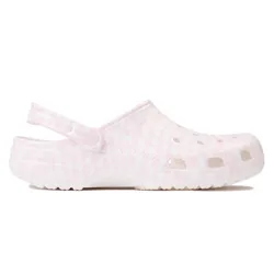 A pink and white checkered clog-style shoe with ventilation holes and an adjustable back strap.
