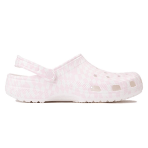 A pink and white checkered clog-style shoe with ventilation holes and an adjustable back strap.