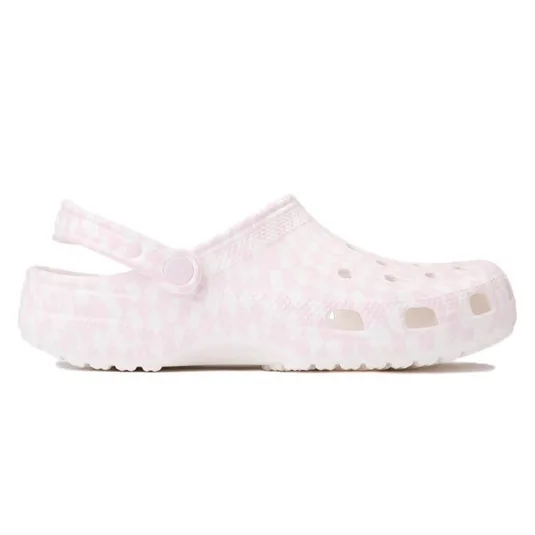 A pink and white checkered clog-style shoe with ventilation holes and an adjustable back strap.