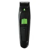 Electric hair trimmer with a black and green design featuring a power button and adjustable comb.