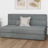 A gray, foldable futon sofa bed with striped fabric is shown, featuring two decorative pillows. It is set against a white wall with two framed botanical prints.