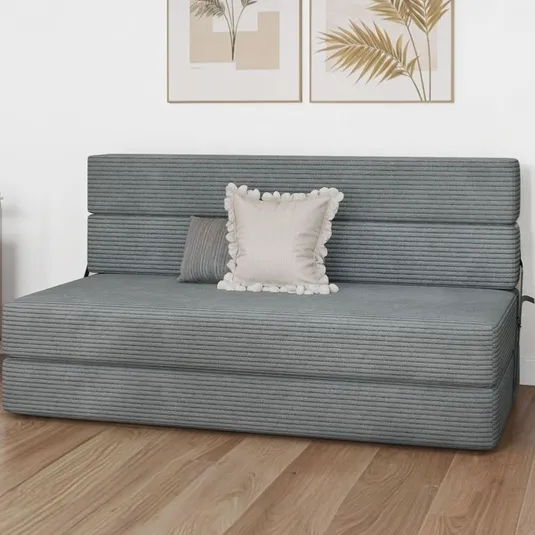 A gray, foldable futon sofa bed with striped fabric is shown, featuring two decorative pillows. It is set against a white wall with two framed botanical prints.