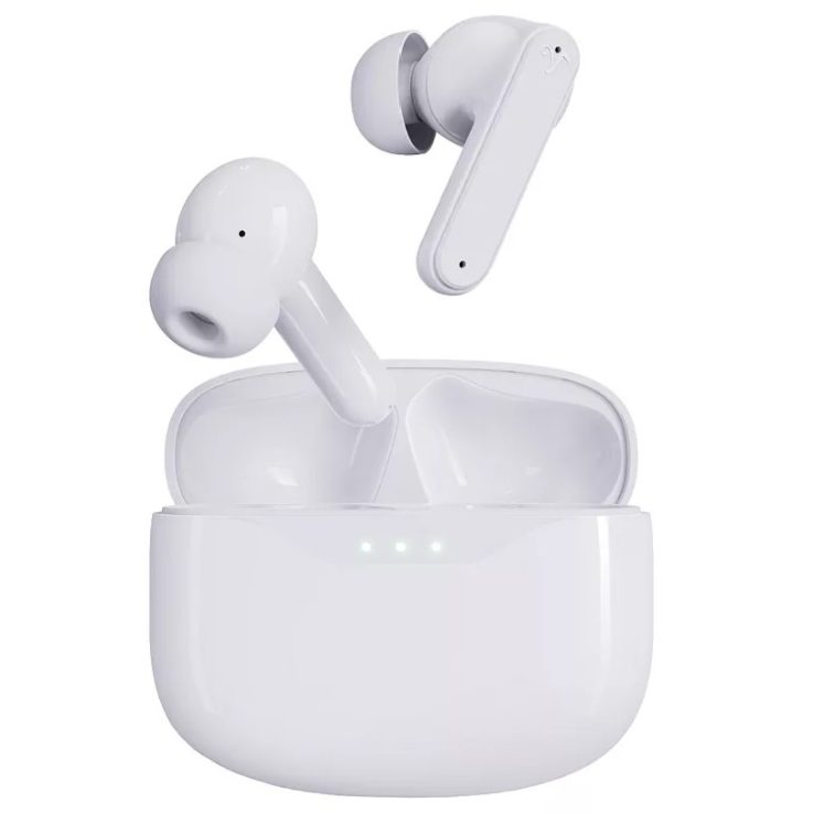Wireless earbuds in a white charging case, featuring silicone ear tips and three LED indicators on the case.