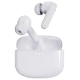Wireless earbuds in a white charging case, featuring silicone ear tips and three LED indicators on the case.