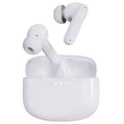 Wireless earbuds in a white charging case, featuring silicone ear tips and three LED indicators on the case.