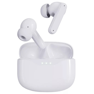 Wireless earbuds in a white charging case, featuring silicone ear tips and three LED indicators on the case.