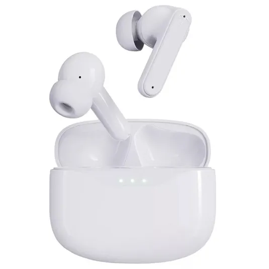 Wireless earbuds in a white charging case, featuring silicone ear tips and three LED indicators on the case.