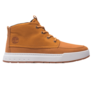Timberland Maple Grove Sneakers are mid-top shoes with a light brown canvas and leather upper, featuring a white rubber midsole and brown outsole. They have a lace-up design with metal eyelets and a subtle Timberland logo on the side.