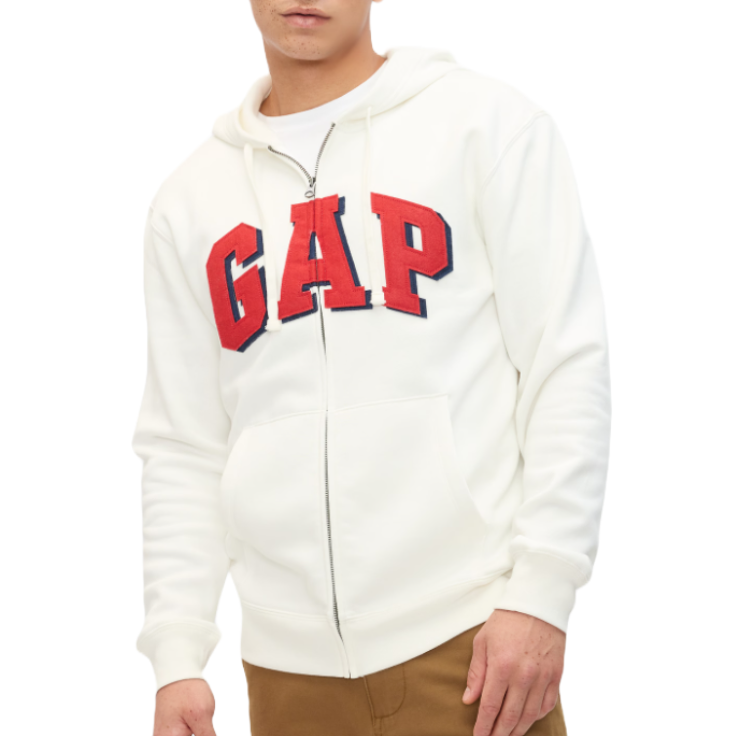 White full-zip hoodie with a red \“GAP\“ logo on the front, featuring a hood with drawstrings and front pockets. Worn with brown pants.