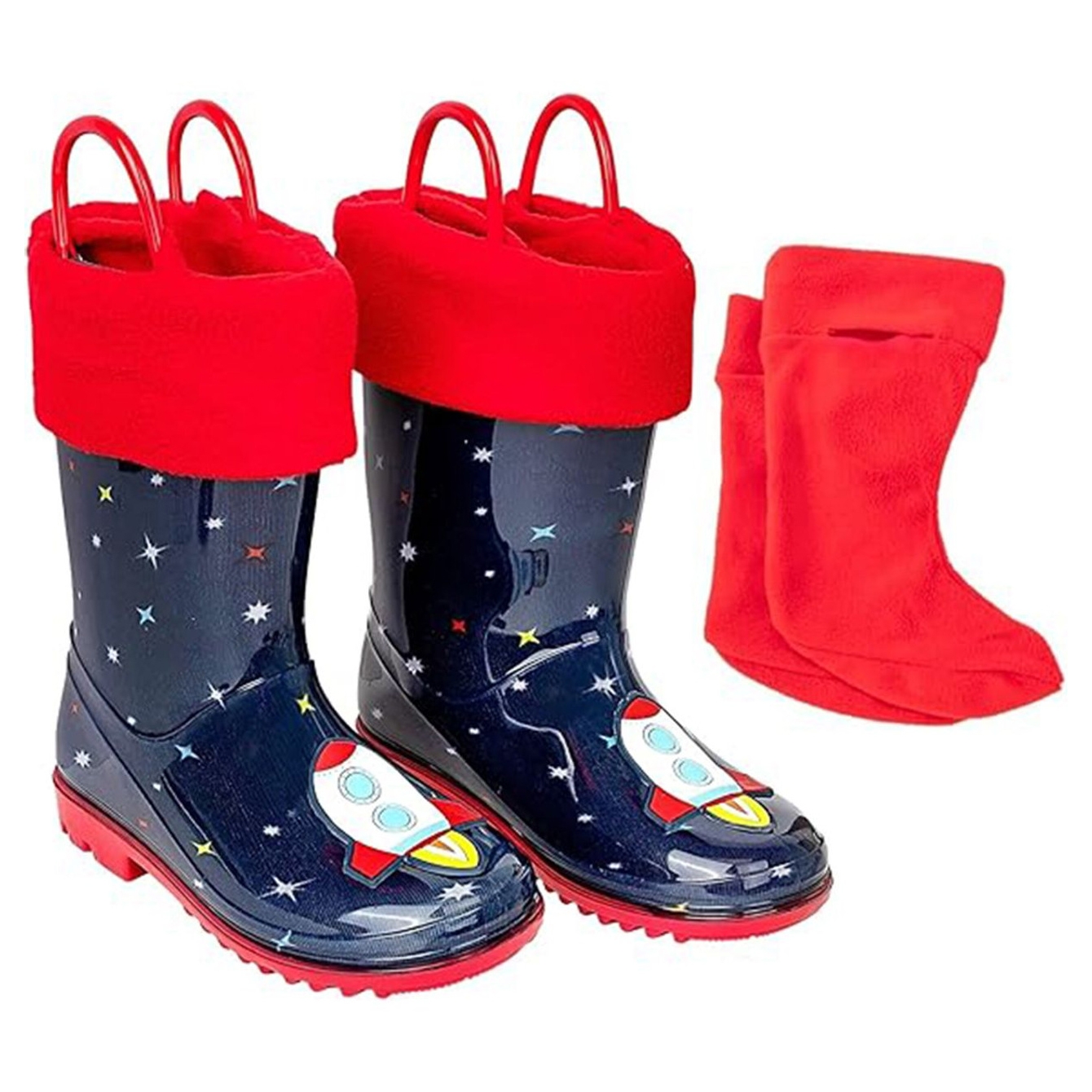 Addie & Tate Kids' Rain Boots feature a navy space-themed design with rockets and stars, bright red handles, and a red fleece lining. They come with matching red socks for added warmth.