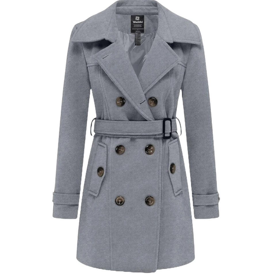 A light gray, double-breasted women's winter pea coat with a belt and large lapels, featuring six buttons and two front pockets.