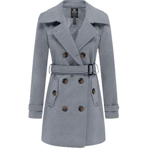 A light gray, double-breasted women's winter pea coat with a belt and large lapels, featuring six buttons and two front pockets.