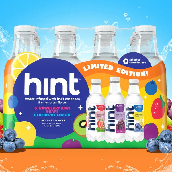 A variety of Hint flavored water bottles in strawberry kiwi, grape, and blueberry lemon flavors.
