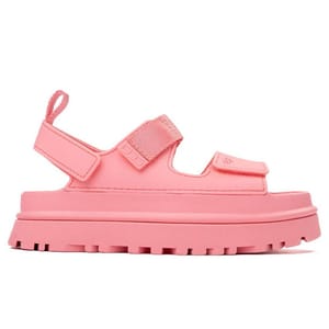 Pink platform sandal with thick sole, dual adjustable straps, and a rugged tread design.