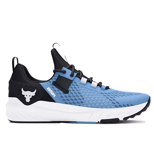 Athletic shoe with a blue mesh upper, black accents, and a bull logo on the side, featuring a white cushioned sole.