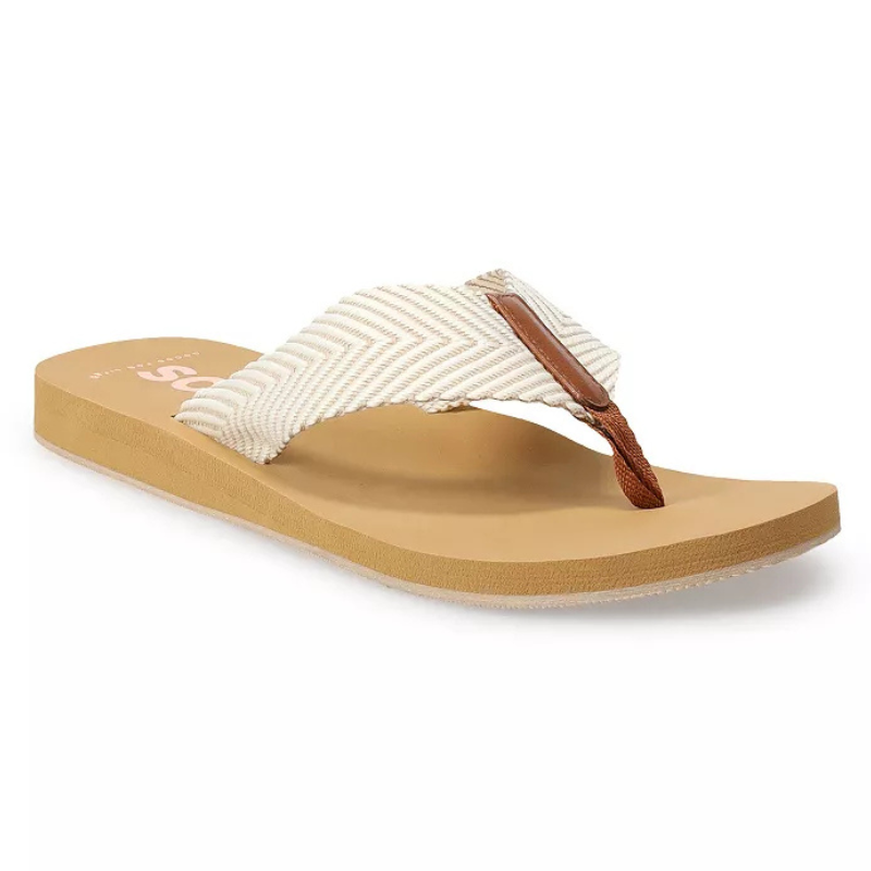 A beige flip-flop sandal featuring a textured, woven strap with a chevron pattern and brown thong detail.