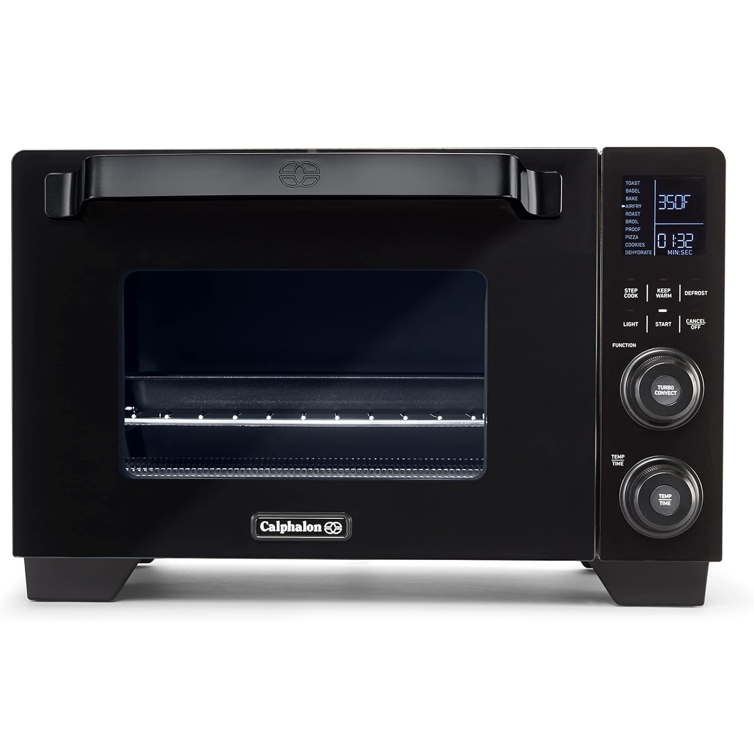 Calphalon countertop convection oven with digital display, temperature/time controls, and multiple cook functions.