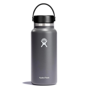 A gray Hydro Flask insulated water bottle with a black handle and lid featuring the Hydro Flask logo.