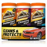 Armor All wipes pack includes Original Protectant, Cleaning, and Glass Wipes, totaling 90 wipes, designed to clean and protect your car's surfaces.