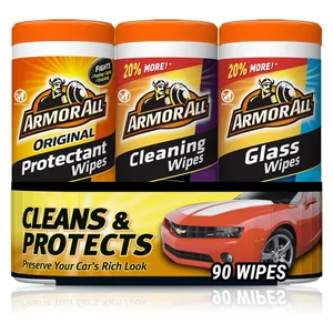 Armor All wipes pack includes Original Protectant, Cleaning, and Glass Wipes, totaling 90 wipes, designed to clean and protect your car's surfaces.