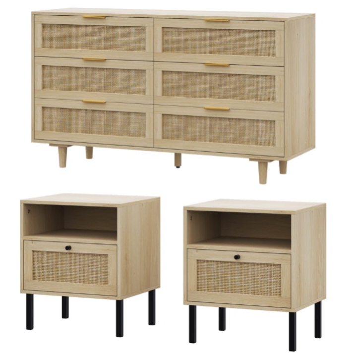 Wooden dresser with six rattan-fronted drawers and two matching bedside tables, each featuring a rattan-fronted drawer and open shelf.