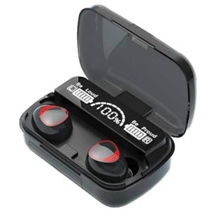 Black Bluetooth earbuds with red accents rest in an open charging case displaying a digital battery percentage indicator.