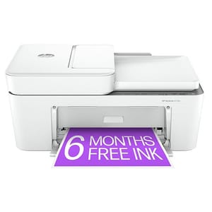 A white HP DeskJet 2652 All-in-One Inkjet Printer is shown with an output tray extended, printing a purple page that reads \“6 MONTHS FREE INK.\“