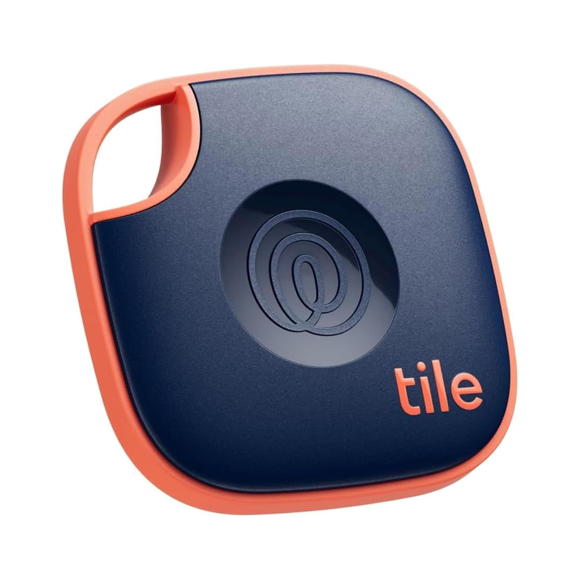 The 2024 Tile Mate Bluetooth Tracker is a compact, square device with a navy-blue body and orange trim, featuring a keyhole for attachment. It's designed to help locate lost items via a smartphone app.