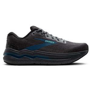 Black and teal Brooks running shoe with a textured design and cushioned sole.