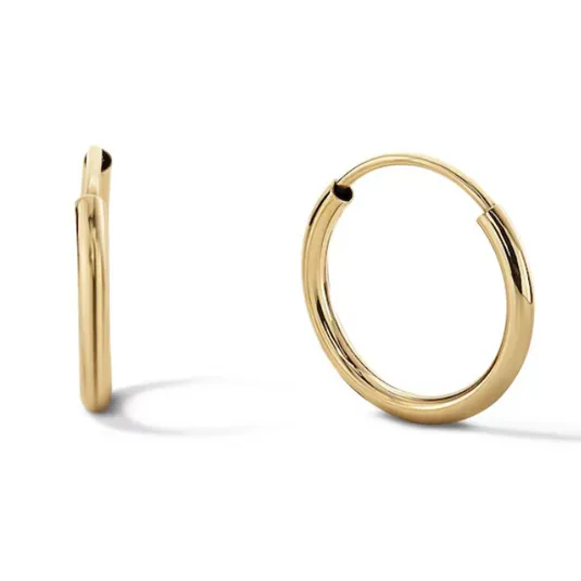 A pair of simple, gold hoop earrings with a hinged design, displaying a smooth and polished finish.