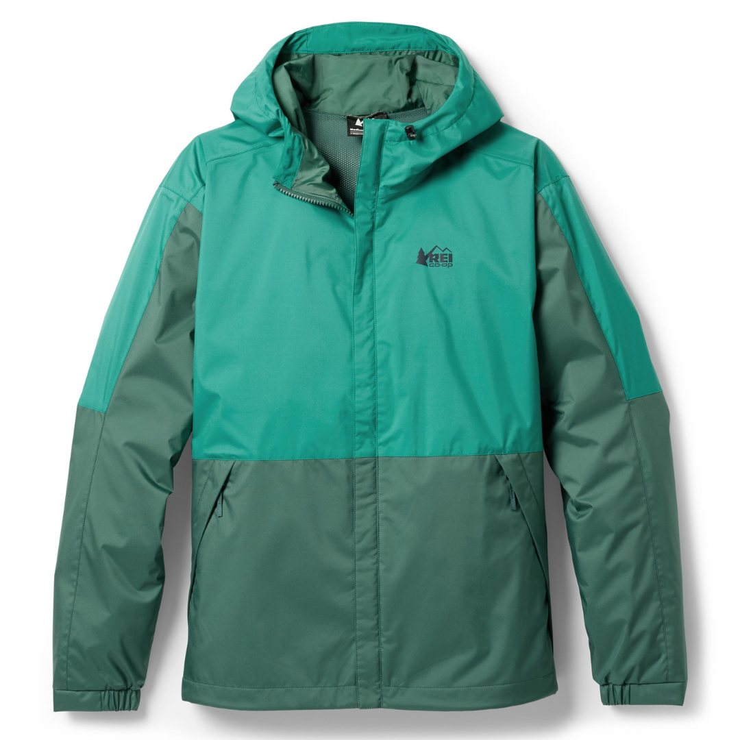A green REI Co-op rain jacket with a hood, featuring a two-tone design and the REI logo on the chest.