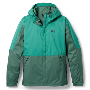 A green REI Co-op rain jacket with a hood, featuring a two-tone design and the REI logo on the chest.