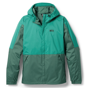 A green REI Co-op rain jacket with a hood, featuring a two-tone design and the REI logo on the chest.