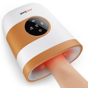 A hand massager featuring settings for intensity, mode, and heat, with a sleek white and brown design. The device includes a digital control panel for easy adjustments.