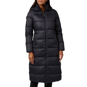 The 32 Degrees Maxi Coat is a long, black, quilted puffer coat featuring a hood and front zipper closure, designed to provide warmth and coverage in cold weather.