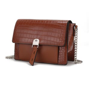 Brown faux-crocodile leather shoulder bag with a silver chain strap and buckle closure.