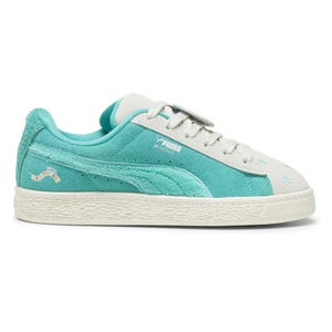 A turquoise and white Puma sneaker featuring suede accents and decorative stitching. It includes branding details and a textured sole.