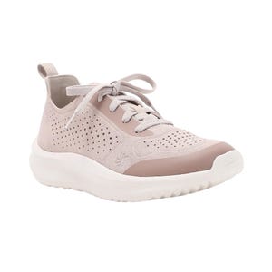 A beige casual sneaker with a perforated design, lace-up front, and a thick white sole.