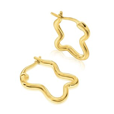 Pair of gold wavy hoop earrings with an abstract, fluid shape, featuring a minimalist design and polished finish.